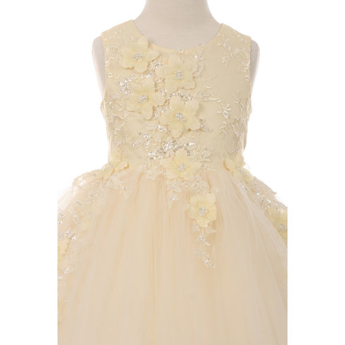 Big Girls Champagne 3D Floral Appliques Soft Tulle Flower Girl Dress 8-12 - SophiasStyle.com